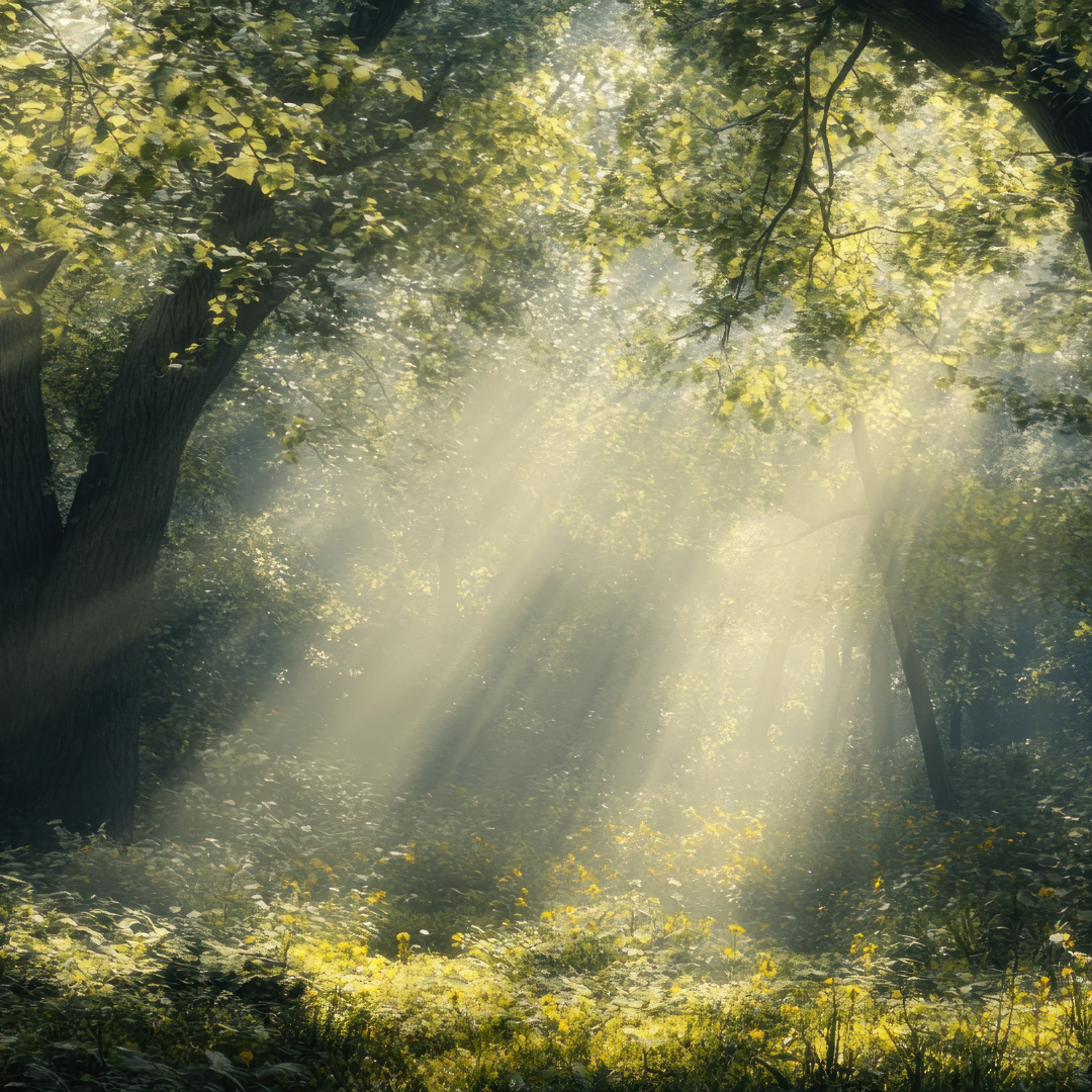 Soft golden sunlight filtering through a peaceful forest canopy, symbolizing Jane Goodall’s lifelong connection to nature and the quiet beauty of life’s final chapter.